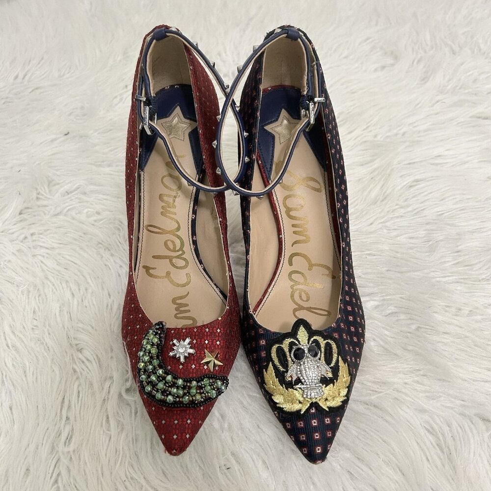 Sam Edelman Two-Tone Embellished Ankle-Strap Pointed Heels in Red and Navy - Picture 10 of 11